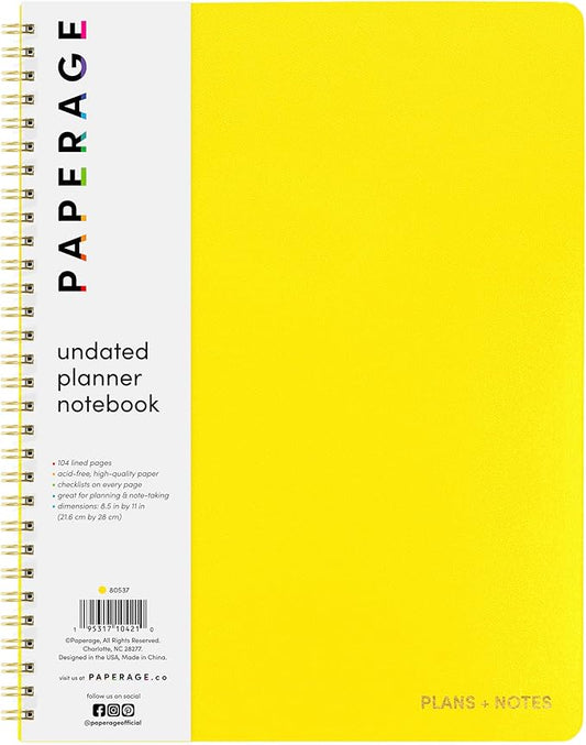 PAPERAGE Undated Daily Planner & To Do List Notepad (Yellow), 8.5 in x 11 in, Spiral Bound Planner Notebook for Work, School or Home, 104 Lined Pages With Date Tracker for Plans & Notes