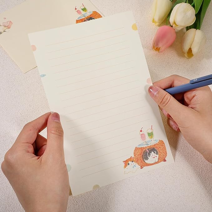 36 pcs Cat Stationery Paper and Envelopes Set, Warm Cute Cat Themed, Cute Letter Papers for Invitations Gift Decorations Holiday Party (24 Lined Stationery Paper with 12 Envelops)