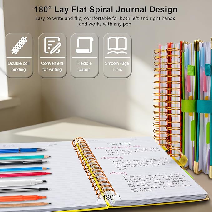 Hardcover Spiral Notebook College Ruled, 8"x10" Leather Journal Notebook with Magnetic Closure, 300 Pages 5 Subject Notebook with Dividers Tabs Journal for Women Men, Work, School(Yellow)