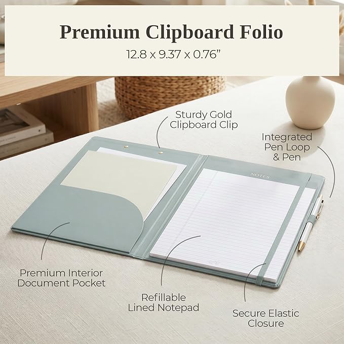 Aesthetic Clipboard Folio with Refillable Lined Notepad & Interior Pocket - Cute Padfolio/Legal Pad Holder for Women - Easily Organize Notes at Work, School, or Home