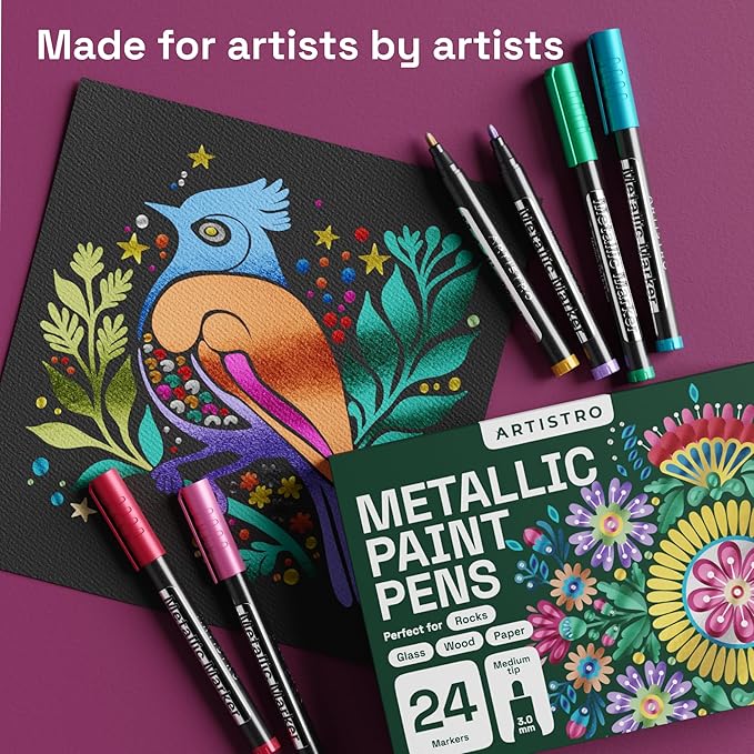 ARTISTRO 24 Metallic Acrylic Paint Markers - Medium Point Paint Pens for Rock, Wood, Glass, Ceramic, Black Paper, Scrapbooking Crafts, Card Making, DIY Photo Album, Ceramic