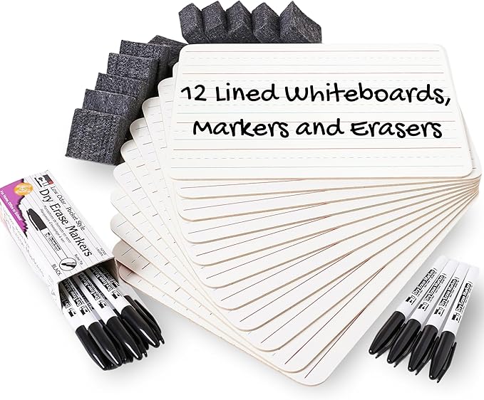 Charles Leonard Dry Erase Board Classroom Pack - Mini Lapboard School Supplies - Includes 12 Each One-Sided Lined Erasable White Boards, 2 Inch Felt Erasers and Black Dry Erase Markers (35025)