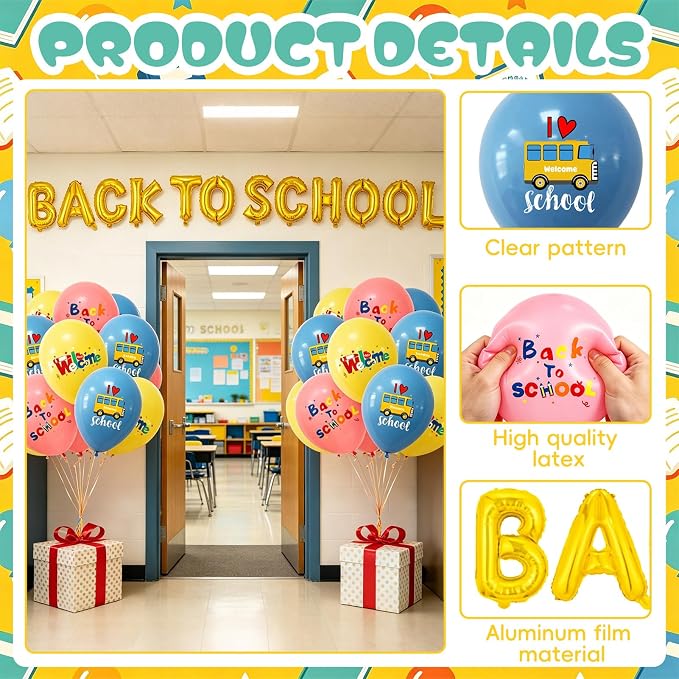 Back to School Balloons Decoration Kit, 16 Inch Gold Letter Balloon Banner, 12 Inch School Bus Printed Latex Balloons, Classroom Welcome Back Party Supplies for Students Teachers First Day of School