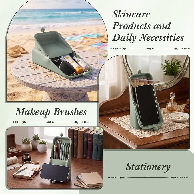 Kacctyen Makeup Brush Case Silicone Standing Makeup Brush Holder,Sage Green | Silicone Make up Travel Bag with Suction Portable Cosmetic Organizer Phone Stand Pouch for Travel Home Back to School Use