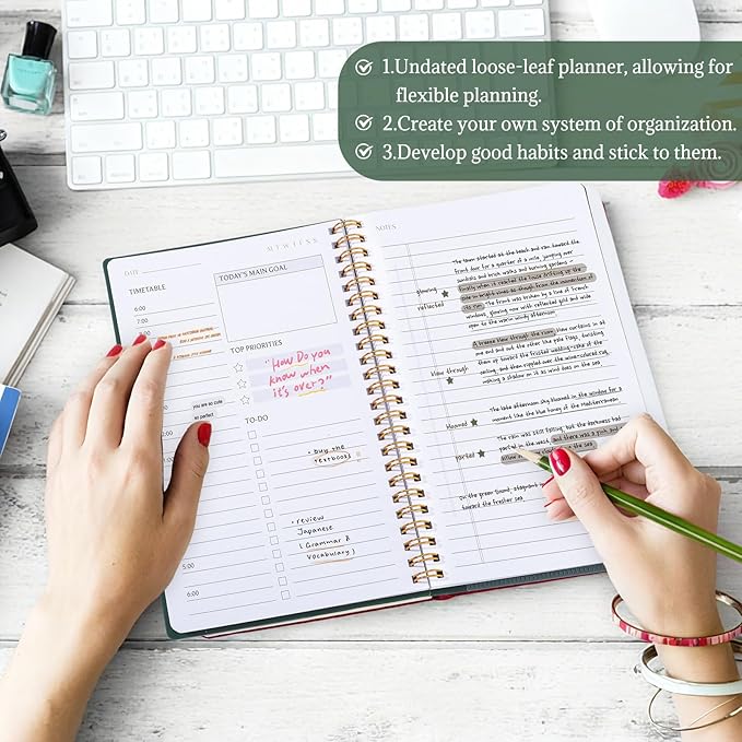 Thboxes Undated Daily Planner with Hourly Schedule, 5.71" X 8.35" Daily To DO List Noteboook Set Goals A5 Daily Personal Organizer Notepad for School Work Office Improve Efficiency Planner, Green
