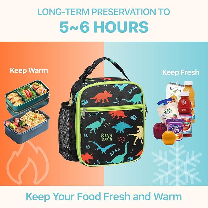 Bagseri Kids Lunch Box for Boys - Insulated Toddler Lunch Bag Fits Bento Box, Reusable Daycare Cooler Tote with Clip Handle, Water-Resistant Lining, Black Dinosaur