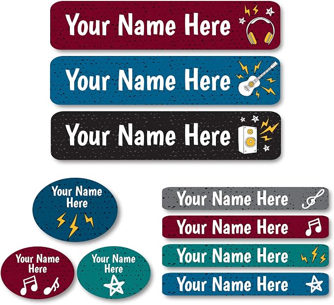 Lovable Labels Personalized Labels for Kids (85 Labels/Pack) - 3 Label Sizes Waterproof Dishwasher Safe Peel & Stick Labels for School Supplies Daycare Camp Clothing Bottles (Rock Star)