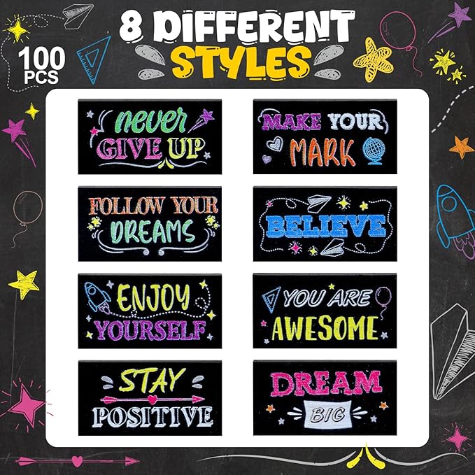Dunzoom 100 Pcs End of Year Inspirational Pencil Erasers Bulk for Kids Back to School Fun Motivational Eraser School Office Supplies for Students Classroom Office Teacher Artists(Colorful Chalkboard)