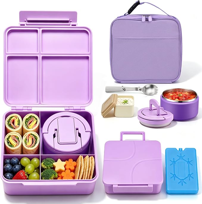 Bento Lunch Box with 8oz Soup Thermo,Kids Leakproof 4 Compartment Lunch Food Containers with Sauce Cup and Ice Pack,Kids Thermo Insulated Hot Food Jar and Lunch Bag for School,Trvael-Purple