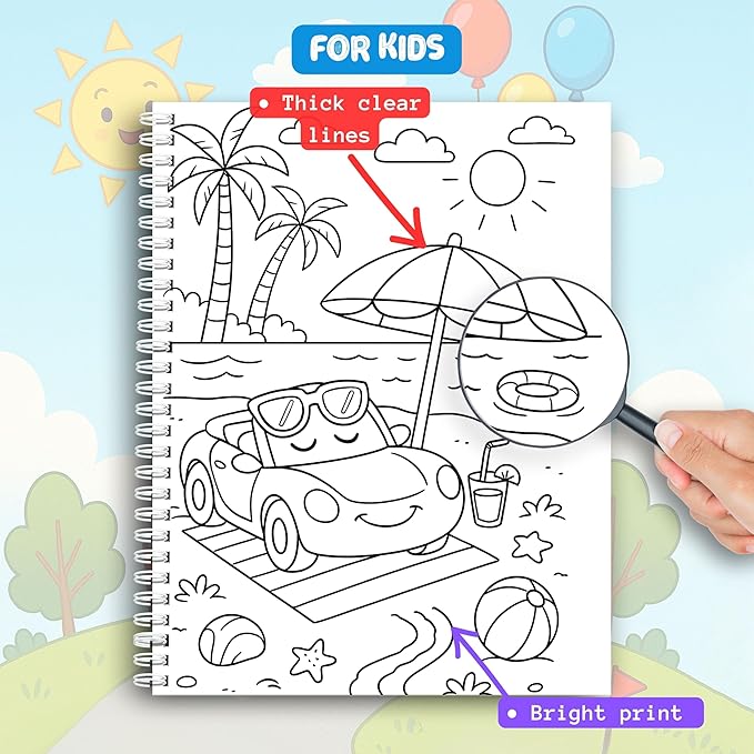 Coloring Book – Happy Wheels: Fun Vehicle Adventures for Kids – Spiral Bound, Perfect for Boys and Girls. Features Cars, Trucks, Buses & More on Wacky Roads! Thick 199 GSM Paper, Sheet Size 8.5x11 in.
