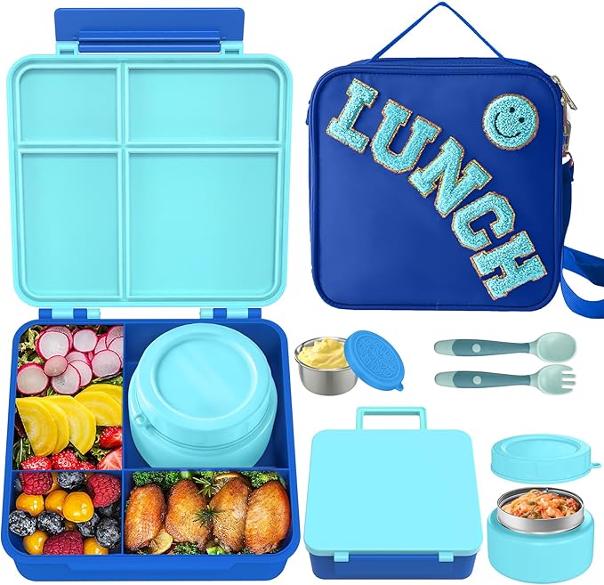 Aimsnk Kids Bento Lunch Box with 8oz Soup Thermo, Kids Leakproof Lunch Food Containers with 4 Compartment,Insulated Hot Food Jar with Lunch Bag for School, Travel (Blue)