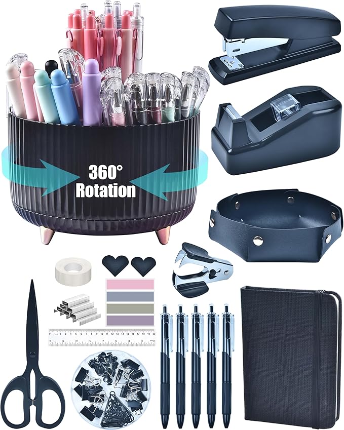 Black Desk Accessories, Office Supplies 360°Pen Holder Desk Organizers, With Tape Dispenser, Stapler, Staple Remover, Ect, Elevate Your Workspace With Sleek Black Sophistication, Back to School