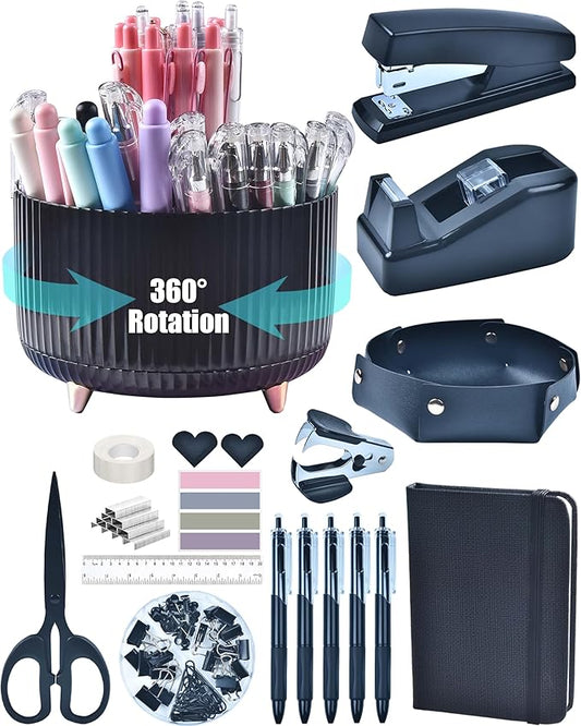 Black Desk Accessories, Office Supplies 360°Pen Holder Desk Organizers, With Tape Dispenser, Stapler, Staple Remover, Ect, Elevate Your Workspace With Sleek Black Sophistication, Back to School