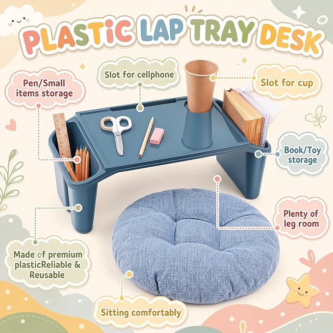 Supervitae 16 Pcs Kids' Lap Desk and Classroom Floor Cushions Set, Including Stackable Lap Tray 19.7 x 14.8 x 7.7'' & Floor Pillow 16'' for Classroom Kindergarten Daycare Nursery (Morandi Colors)