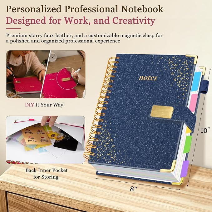 Spiral Notebook Journal 8''x 10'' 5 Subject Notebook with Dividers, 300 Pages Notebook College Ruled with Magnetic Closure, B5 Tabbed Notebooks for Work School, Sparkle Journal for Women (Dark Blue)