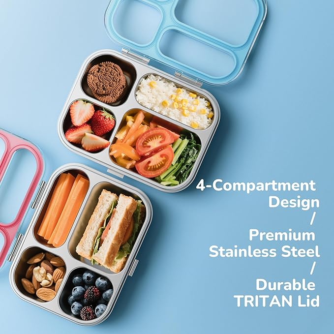G.a HOMEFAVOR Stainless Steel Lunch Box - 4 Compartments Bento Box for Kids, Leakproof Food Container for School, Office, Dishwasher Safe, BPA-Free, 800 ml/27 oz, Blue