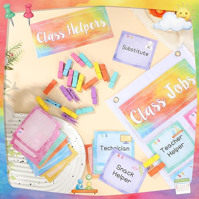 Pasimy Watercolor Class Jobs Pocket Chart Class Helpers Pocket Chart Classroom Jobs Cards with Clips and Hooks Teacher Helper Bulletin Board Set for Back to School Classroom Teacher Supplies