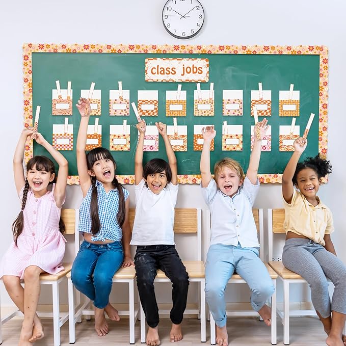 WATINC 97pcs Class Jobs Bulletin Board Set, Classroom Jobs Chart with Name Tags, Back to School Schedule Boards Pocket Chore Behavior Chart for Classroom Chalkboard Walls Decoration (Groovy Print)