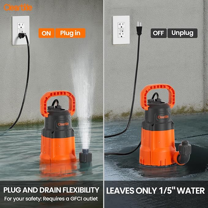 Submersible Utility Water Pump, 1/2 HP 3060 GPH Sump Pump, Portable Plug and Work for Pond, Garden Watering, Pool or Hot Tub Water Transfer