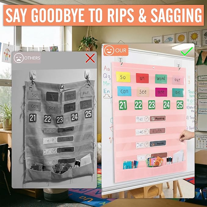 Pocket Chart for Classroom - 7+1 Pink Pocket Chart for Alphabet Learning Word Wall Calendar Daily Schedule Sentence Strips Sticker Display, Teacher Supplies for Preschool Elementary & Home