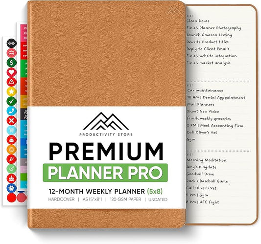 PRODUCTIVITY STORE Pro - Undated, 2025 Planner, 5.8” x 8.3” - The #1 Productivity Planner to Achieve Your 2025 Goals - Planner 2025-2026 - Brown - A5