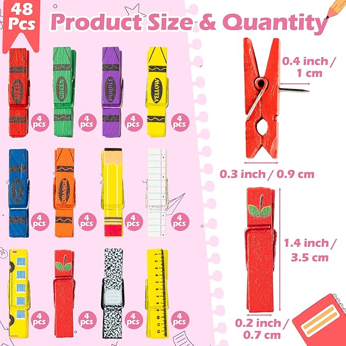 Haooryx Push Pin with Wooden Clips - 48Pcs Back To School Crayon Clothes Pin Shaped Tack Thumbtacks Pencil Ruler Notebook Photo Clip for Cork Bulletin Board Back to School Classroom Decor Teacher Gift