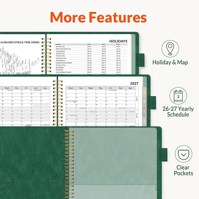 SUNEE 2026-2027 Weekly & Monthly Planner 6.4"x8.5" - 12 Month (July 2026 - June 2027), Vegan Leather Cover Planner Academic Year Calendar, Pocket, Notes, Monthly Tab, Deep Green