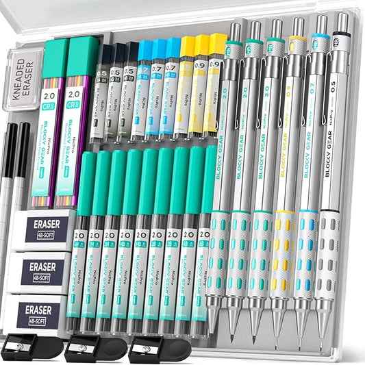 Nicpro 36PCS Blocky Gear Art Mechanical Pencil Set with Case | Metal Mechanical Pencils 0.5/0.7/0.9/2mm Lead Holder for Drawing Sketching with 20 Tubes (6B 4B 2B HB 2H 4H Colors) Refills