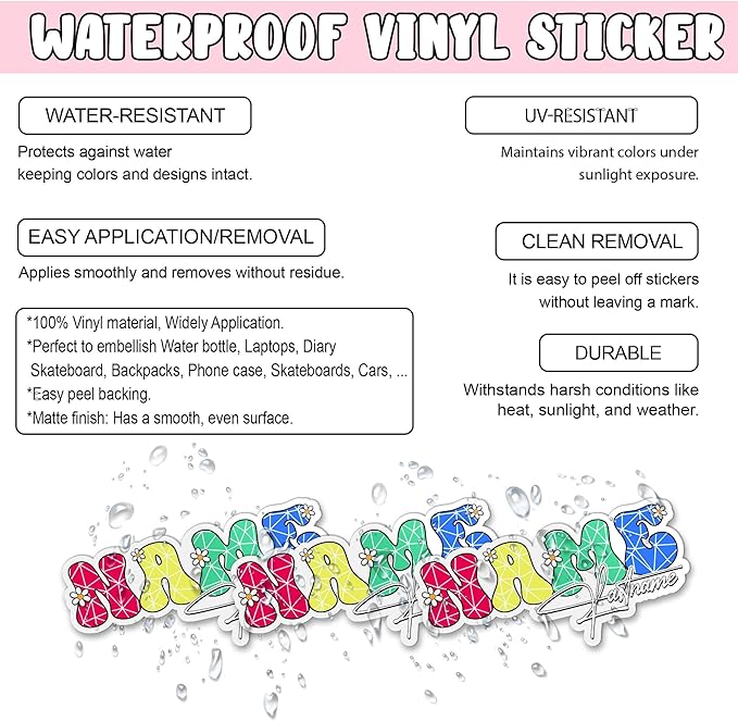 Custom First and Last Name Floral Diamond Effect Sticker Personalized Text Flower Decal Waterproof Vinyl Decal for Water Bottles Tumbler Laptop Hard Hat Car Kindle Gifts for Girl Boy