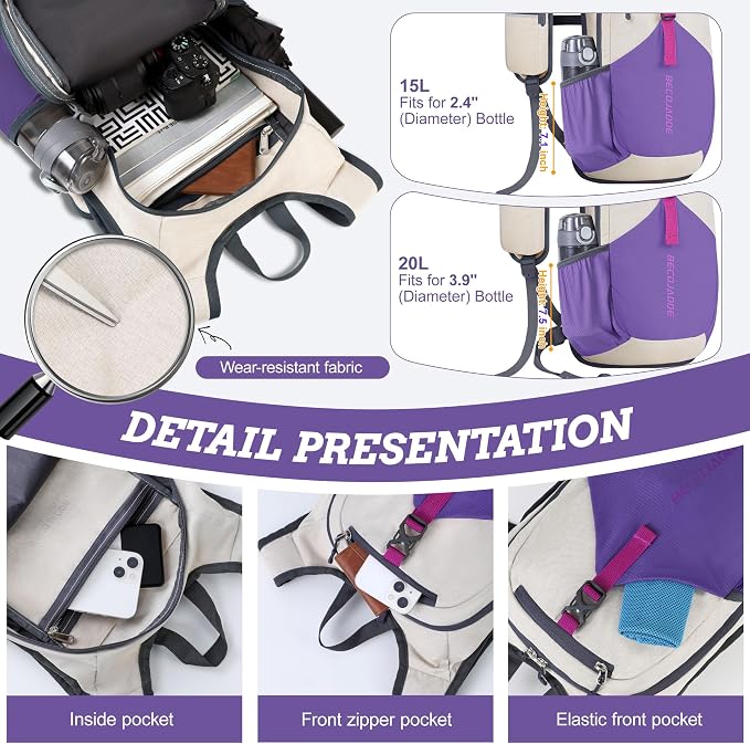 BECOJADDE 15L Small Hiking Backpack for Men Women Foldable Packable Back Pack Ultralight Hiking Daypack for Travel Camping Outdoor, Beige Purple