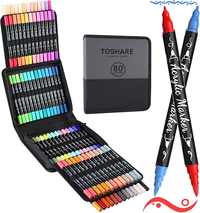 TOSHARE 80 Colors Acrylic Paint Markers, Brush & Fine Dual Tip Acrylic Paint Pens for Rock, Wood, Paper, Fabric, Canvas, Glass, Ceramic, Egg, Scrapbook and DIY Crafts Supplies Art Gifts