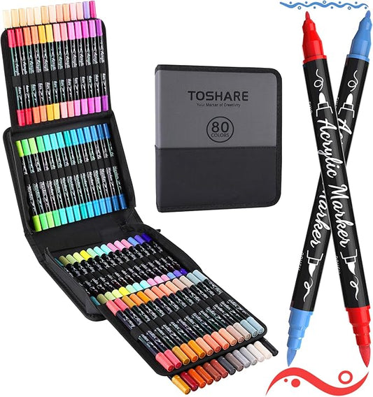 TOSHARE 80 Colors Acrylic Paint Markers, Brush & Fine Dual Tip Acrylic Paint Pens for Rock, Wood, Paper, Fabric, Canvas, Glass, Ceramic, Egg, Scrapbook and DIY Crafts Supplies Art Gifts