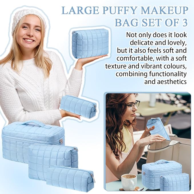 Huhumy 3 Pcs Large Puffy Makeup Bag Set Quilted Cosmetic Pouch for Women Cute Checkered Travel Toiletry Bag Puffer Makeup Organizer Purse Pouch Preppy Pencil Case with Zipper Valentine Gift(Blue)