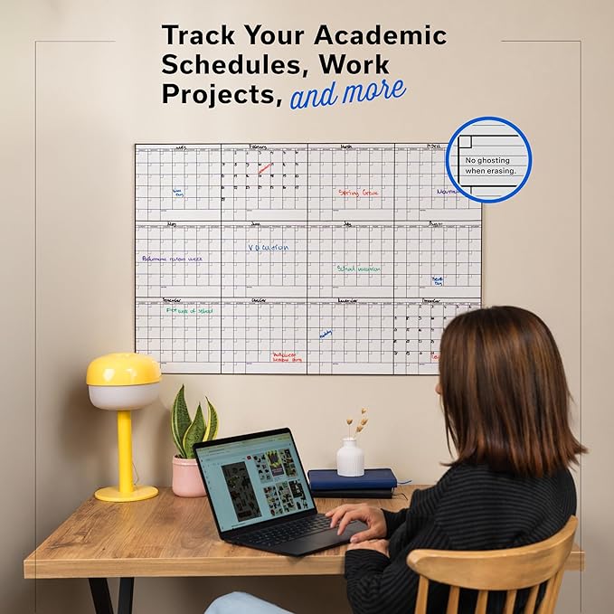Yearly Large Dry Erase Calendar for Wall 24x36, for Year Family 12 Month, Undated Big Erasable Office, Rolled Whiteboard White Board, Classroom Annual Calendar Planner Dry Erase 36x24 Wall Reusable