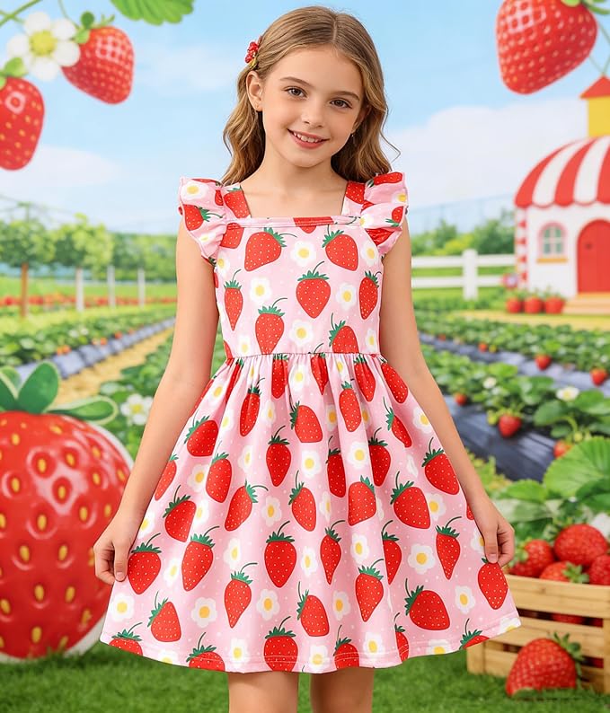 Popshion Girls Dresses Flutter Sleeve Swing Sundress Toddler Summer Clothes Kid Birthday Party Sleeveless Dress 1-8 Years Old