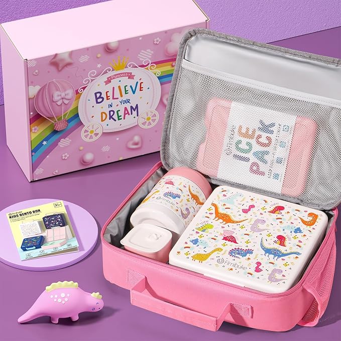 Fimibuke Kids Bento Snack Lunch Box with 4 Compartment, Insulated Lunch Bag, Stainless Steel Vacuum Thermo Food Jar, Ice Pack, Utensils Set, Birthday Gifts for Age 3-12 Back to School Toddler Girl Boy