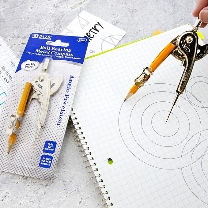 BAZIC Products Geometry Math Compass Set w/Scale-Arm, Nickel Plated Metal Ball & HB Wood Pencil, Inch Centimeter, Mathematical Drafting Drawing Tool, 144-Packs