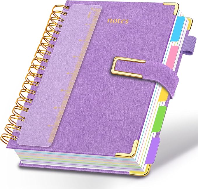Hardcover Spiral Notebook College Ruled, 6.2"x 8.2" Leather Journal Notebook with Magnetic Closure, 300 Pages 5 Subject Notebook with Dividers Tabs Journal for Women Men, Work, School(Lavender Purple)