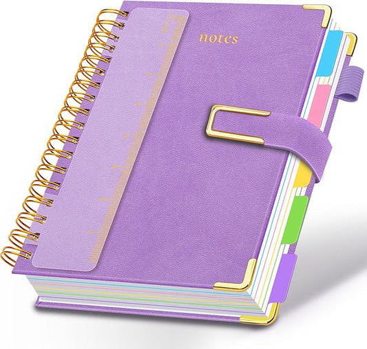 Hardcover Spiral Notebook College Ruled, 6.2"x 8.2" Leather Journal Notebook with Magnetic Closure, 300 Pages 5 Subject Notebook with Dividers Tabs Journal for Women Men, Work, School(Lavender Purple)