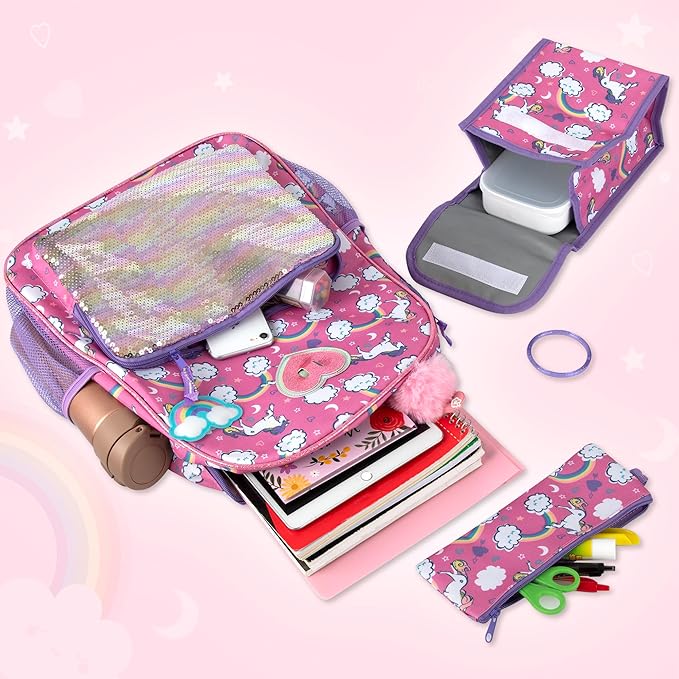 Trail maker Girls 6 in 1 Backpack and Lunch Box Set for School with Pencil Case, Water Bottle, Keychain Attached for Kids (Sparkle Unicorns)