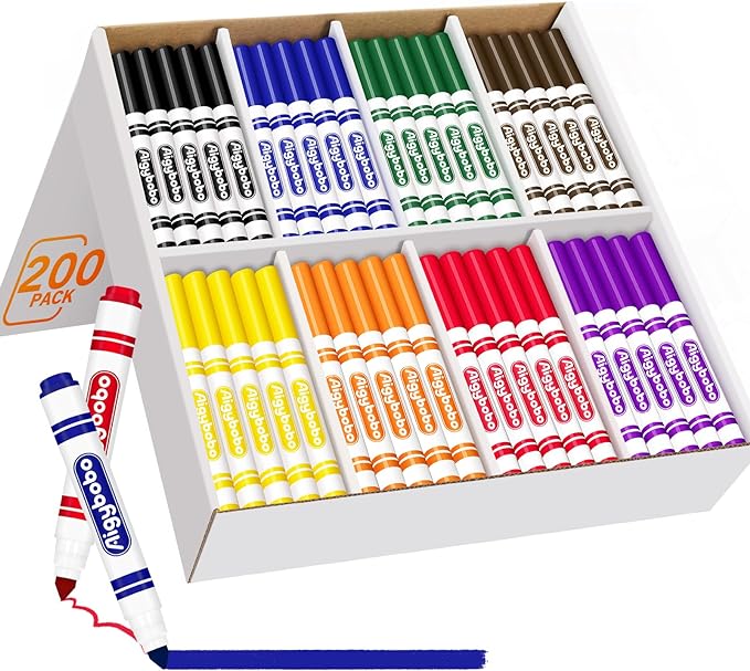 Aigybobo 200 Count Washable Markers Bulk, 8 Assorted Colors, Broad Line Conical Tip Coloring Marker for Kids, Markers Bulk Pack for Classroom, School Art Supplies & Back to School Supplies
