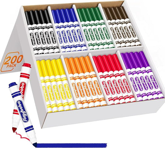 Aigybobo 200 Count Washable Markers Bulk, 8 Assorted Colors, Broad Line Conical Tip Coloring Marker for Kids, Markers Bulk Pack for Classroom, School Art Supplies & Back to School Supplies