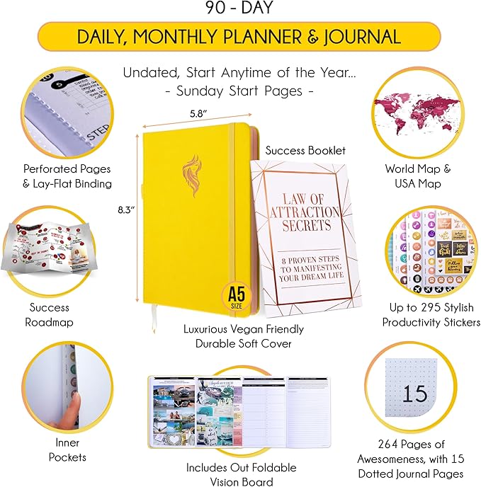 Gratitude Journal for Women and Men — 5 Minute Self Care Journal | Mindfulness, Manifestation, Affirmation | 3 Month Productivity Planner | Undated Daily Planner, Vision Board + Stickers