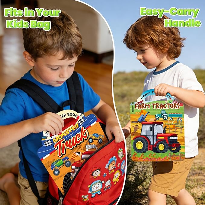 Elfew 6 Pack Car Sticker Books for Toddlers 2-4, Reusable 3D Puffy Vehicle Stickers for Boys 3-5, Construction Trucks Racing Mess Free Activity Set - Road Trip Essentials Birthday Gift