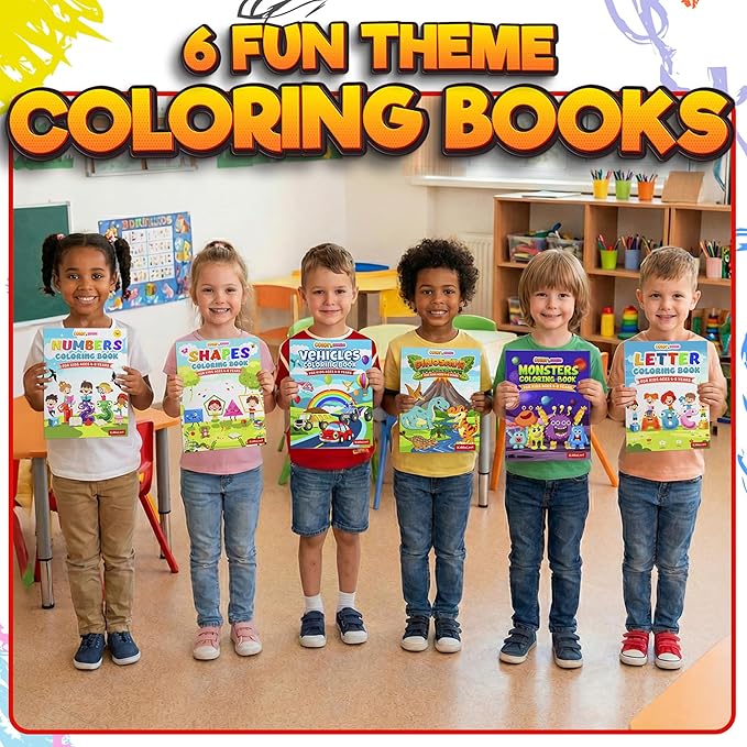 KiddieLoot Coloring Books for Kids Ages 4-8 - (Pack of 6) 8.5x11 Size Book w/Dinosaurs, Monsters, Vehicles, Alphabet, Numbers & Shapes - Kids Coloring Books Variety Set for Boys & Girls Color Gift