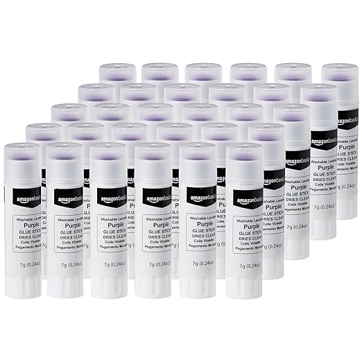 Amazon Basics Disappearing Purple Washable School Glue Sticks, Dries Clear, 0.24-oz, 16 Pack of 30, 480 Count Total
