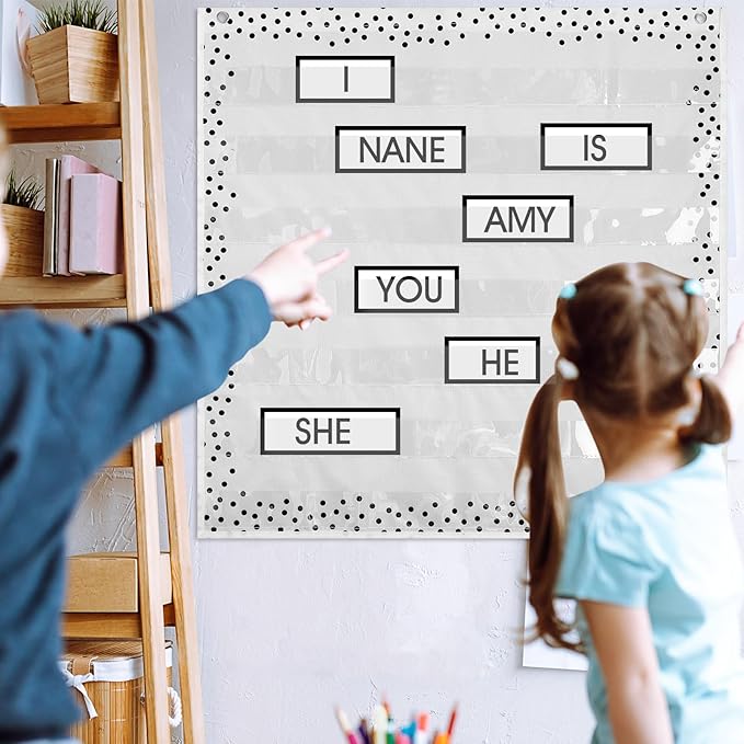 MotiMind Boho Standard Pocket Chart for Classroom, 7 Pockets Chart for Teacher Lessons Home Classroom School Aids Fits Standard 3'' Sentence Strips and Word Cards 28''x28''