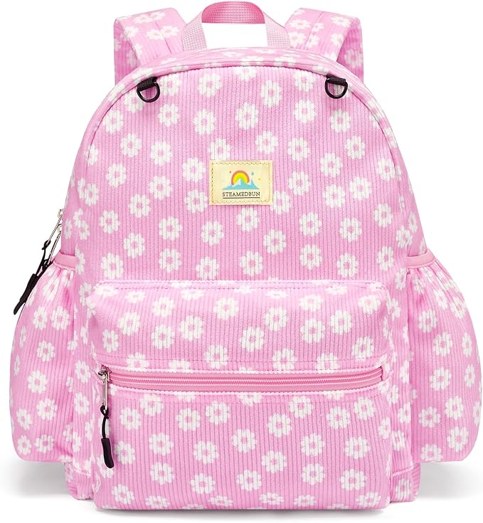 STEAMEDBUN Corduroy Kids Backpack for Girls and Boys 5-8: Girls Backpack for Elementary Kindergarten - 15 inch Cute Backpacks for Kids - Pink Daisy