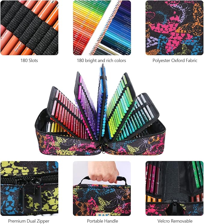 H & B 180-Color Colored Pencils Set with Coloring Book, Eraser, and Sharpener - Perfect for Drawing and Coloring - Soft Oil-Based Cores Ideal for Adults and Beginners