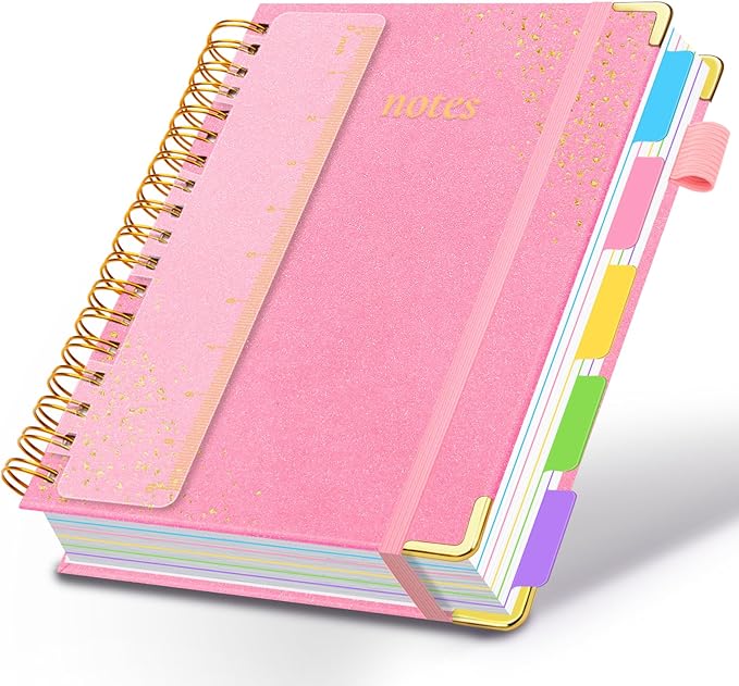 Hardcover Spiral Notebook with Removable Dividers & Tabs, 8.5"x11" 5 Subject Notebooks for Work, 300 Pages College Ruled Notebook, A4 Sparkle Lined Journal for Women Girls Note-Taking (Pink)